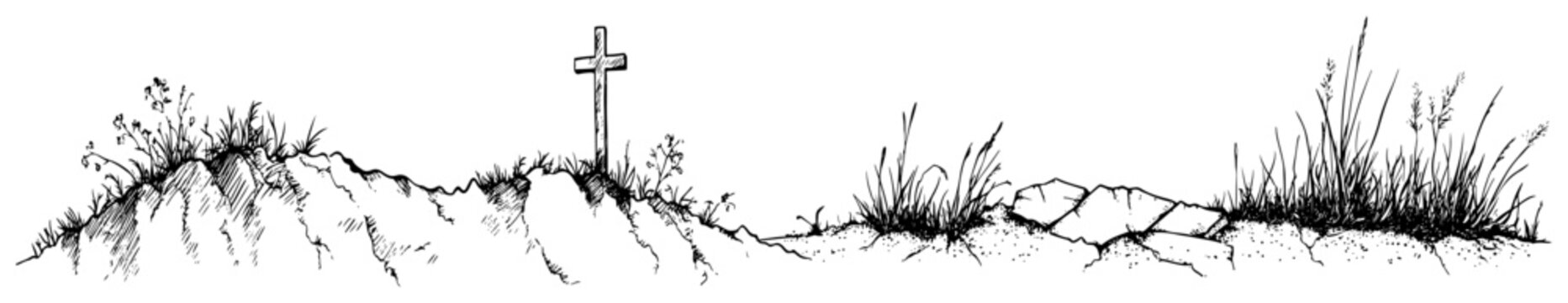 Burial mound with wooden cross and wild grass in hand drawn engraving style