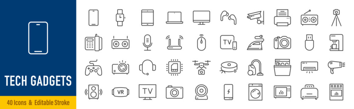 Tech Gadgets web icons in line style. Phone, tablet, laptop, startup, tv, dron, robot, game controler, vr, headphones, projector, collection. Vector illustration.