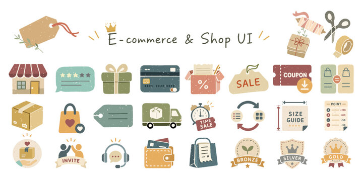     Eコマースとショップ機能の手描きUIアイコンセット、オンラインストア素材集、E-commerce, Shop UI, Online Store Icons, Shopping Interface Set