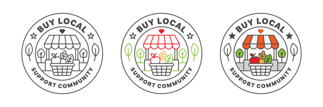 Buy local support community icons or logo with market stall graphics