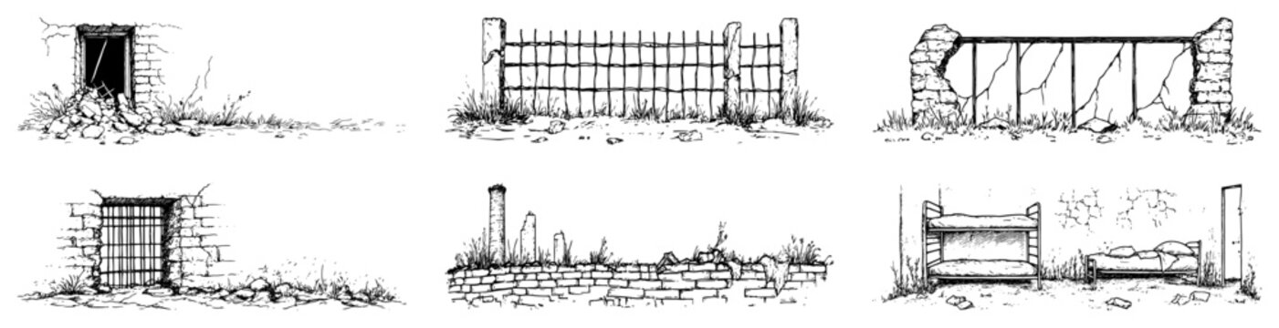 Prison cell architectural elements including barred windows and metal fences in sketch style