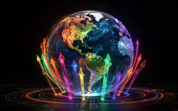 Vibrant arrows surge upward from a glowing data-infused globe against