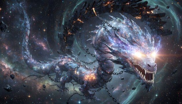  An ancient cosmic dragon breaks free from a celestial prison deep in space, its body made of glowing galaxies, nebula clouds, and stardust. Shattered astral chains dissolve into light as it ri