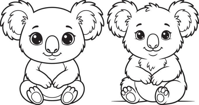 Two cute cartoon koalas outline illustration black and white hand drawn line art marsupial