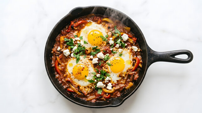 A steaming cast iron skillet of shakshuka with three runny egg yolks nestled in spiced tomato pepper sauce, topped with feta and parsley.