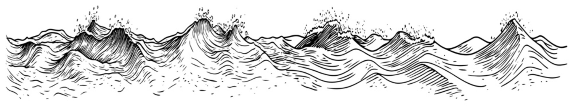 Stormy ocean waves with water splashes and foam in hand drawn ink sketch style