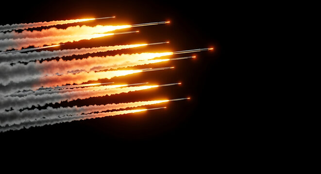 Barrage of powerful missiles flying with fiery trails on black background