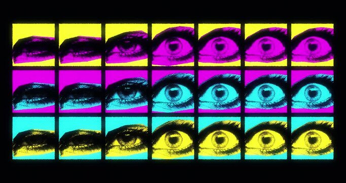 Pop art blinking eye pattern animation on black background, colorful seamless loop of retro neon halftone eyes, vaporwave and psychedelic style motion graphic background