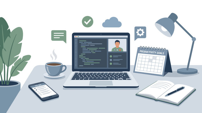 Programmer developer coding workspace laptop display setup with coffee cup notepad calendar and checkmark flat design
