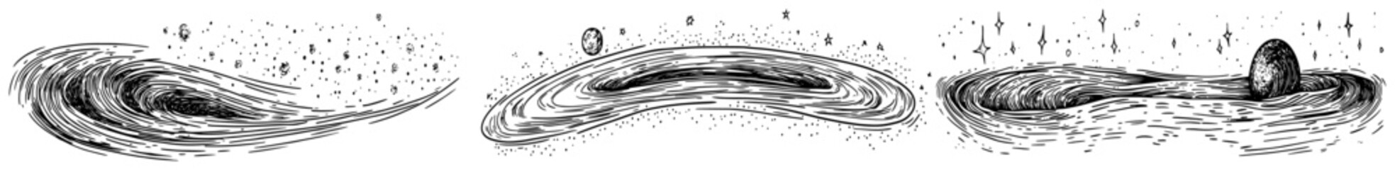 Cosmic galaxy swirls and black hole portals with stardust in hand drawn engraving style © Kaz