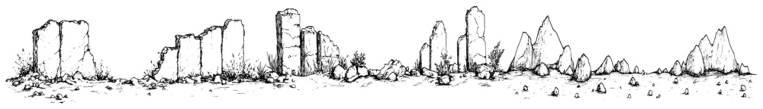 Ruined stone walls and broken columns landscape border in hand drawn engraving style
