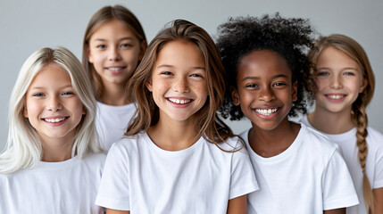 Fototapeta premium Close-up of a collage of happy girls at age 10 of different nationalities and races in white t-shirts in a studio, diverse girls portrait concept, multicultural girls photography,
