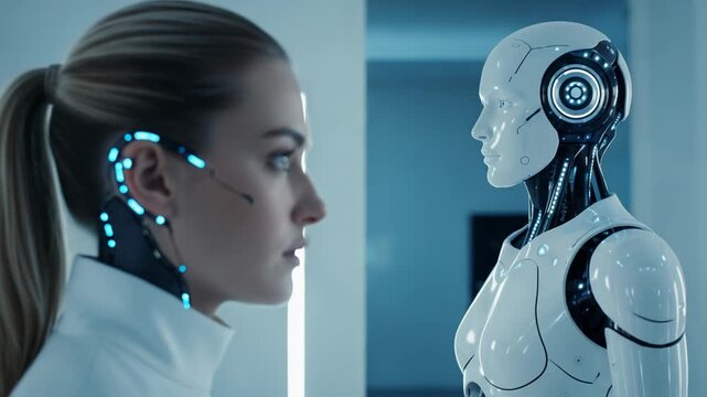 Profile view of a woman with cybernetic implants and a robot