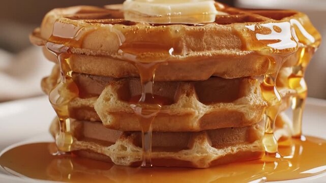 Macro close-up of amber maple syrup pouring and dripping over a stack of three golden brown Belgian waffles topped with a melting pat of butter on a white plate in soft indoor lighting.