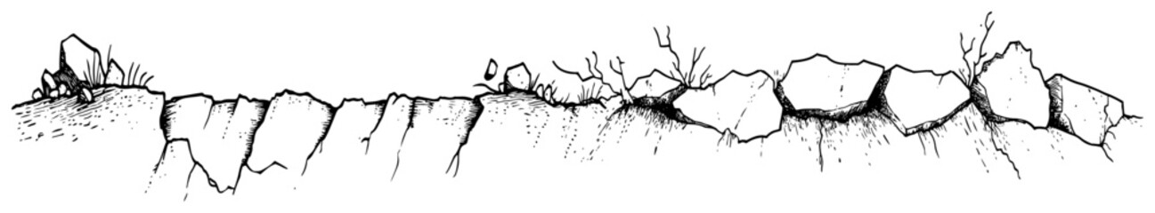 Cracked stone edge with sparse vegetation in vintage woodcut engraving style © Kaz