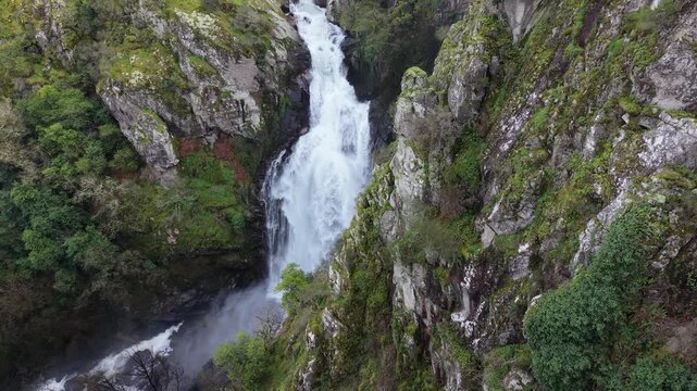 Cliffs And Toxa Waterfall In Quint&aacute;s, Silleda, Spain - Drone Shot