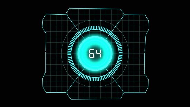 Cyan futuristic HUD with number and circular display. Cyan futuristic HUD for digital data tracking. Cyan futuristic HUD animation for technology UI.