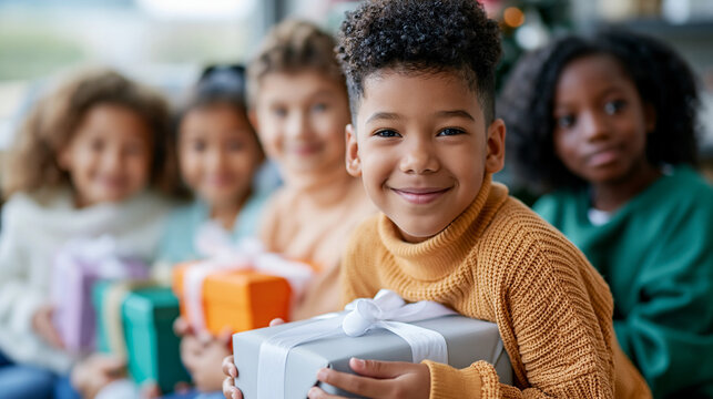 Close-up of children sitting in a row each holding Christmas presents toward the camera, multicultural holiday concept, diverse children christmas photography, festive cultural