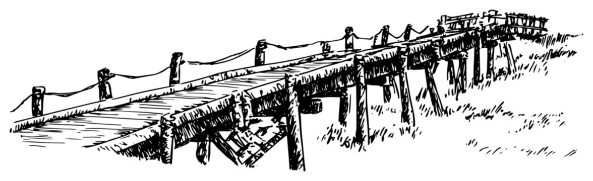 Wooden pier on beach with rope railings in hand drawn sketch style