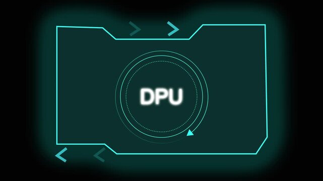 DPU text in futuristic circular display frame. DPU text for digital processing unit technology. DPU text animation for computer hardware concept.