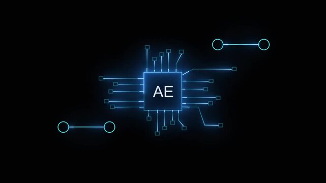 Neon blue AE microchip circuit board animation. Neon blue AE for motion graphics technology. Neon blue AE animation for digital video editing.