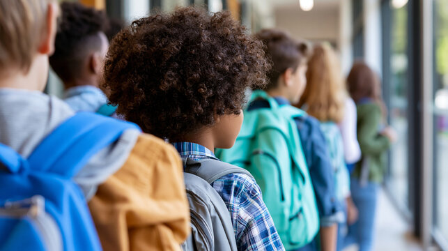 Rear view of close-up of elementary school children of different nationalities in a school corridor, multicultural school environment concept, diverse classroom photography,