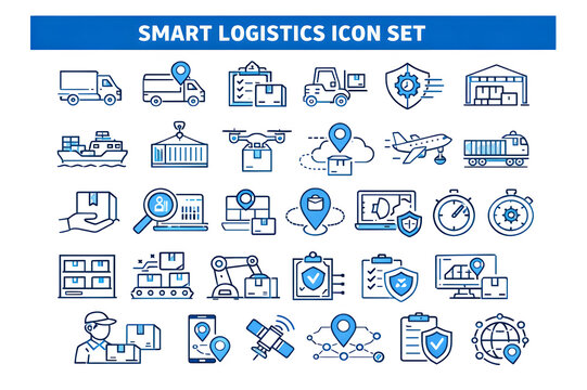 Smart logistics icon set with blue line symbols, supply chain management icons for delivery and shipping, warehouse automation and transport graphics