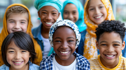 Fototapeta premium Close-up of a lively mosaic of portraits featuring boys and girls from various cultures all smiling, diverse cultural portrait concept, multicultural mosaic photography, joyful