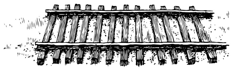 Obraz premium Rustic wooden railroad tracks and timber sleepers in vintage hand drawn style