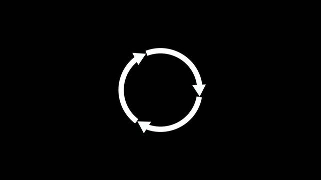 White three arrow circular rotation symbol animation. White three arrow for refresh and cycle. White three arrow icon for repeat process.
