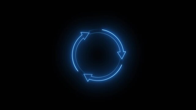 Blue neon circular arrows symbol for rotation. Blue neon circular arrows for digital sync and update. Blue neon circular arrows animation for cycle.