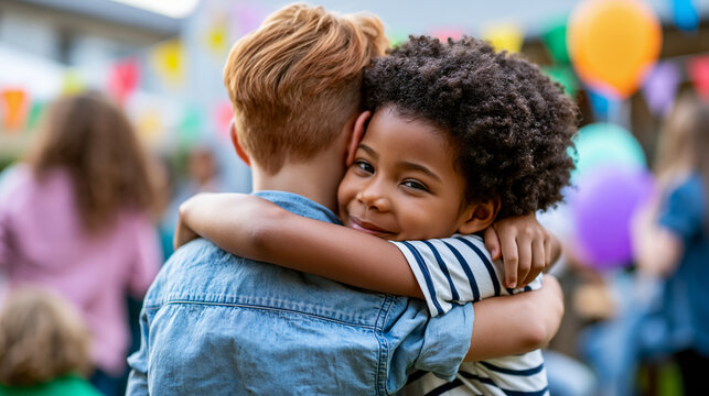 Rear view of two happy children of different nationalities playing together at a family party, friendship and celebration concept, diverse child friendship photography, birthday
