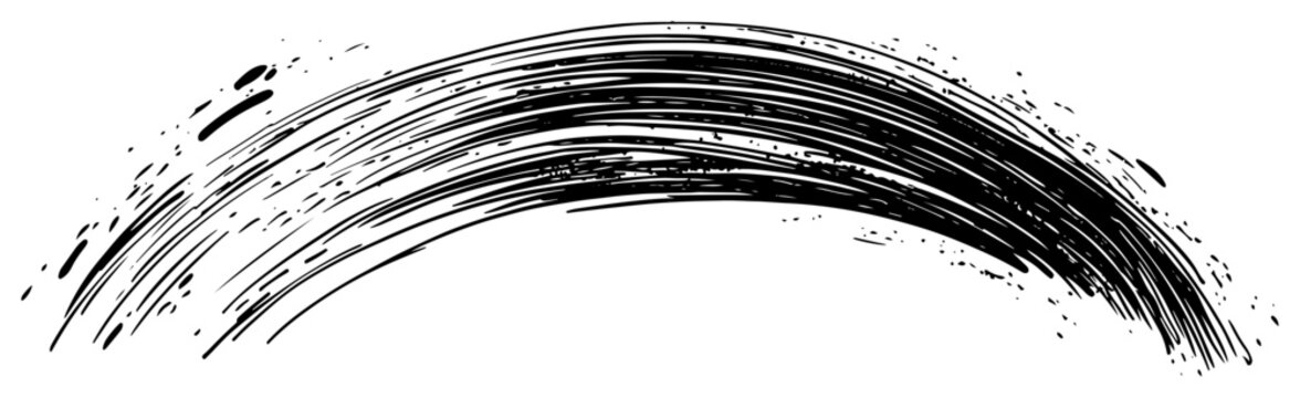 Curved brush strokes with ink splatter texture in vintage woodcut style