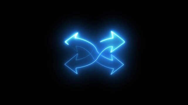 Blue neon intersecting arrows symbol for exchange. Blue neon intersecting arrows for data transfer. Blue neon intersecting arrows animation for cross.