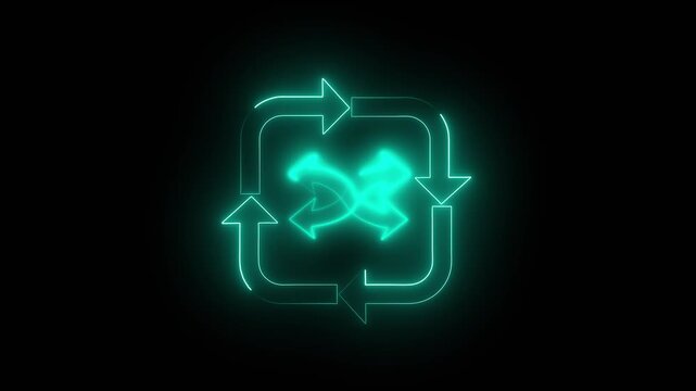 Cyan neon square arrows with intersecting center. Cyan neon square arrows for complex data cycle. Cyan neon square arrows animation for tech.