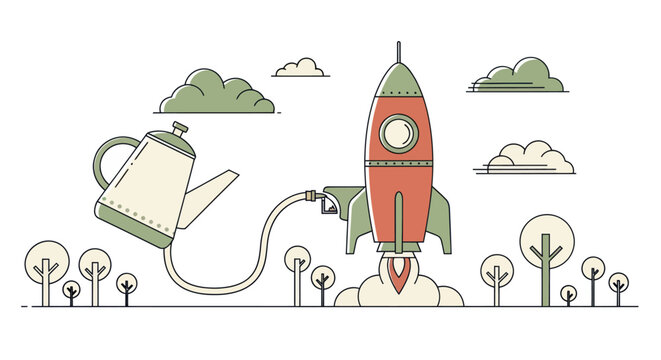 Watering can fueling a rocket for business launch and growth concept.