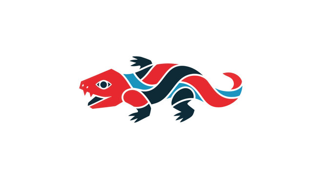 Stylized geometric lizard design with vibrant red and blue patterns.