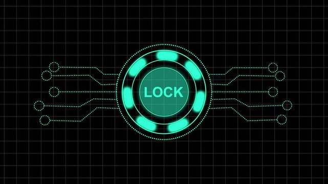 Futuristic lock symbol with teal glowing circuitry. Futuristic lock symbol for cyber security encryption. Futuristic lock symbol animation for privacy.