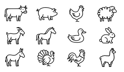 Fototapeta premium Farm Animals Line Art Icon Set with Minimal Outline Vector Livestock Symbols