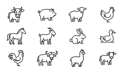 Naklejka premium Modern Farm Animal Outline Icons Vector Set with Clean Line Art Livestock Design