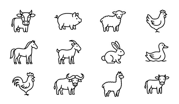 Modern Farm Animal Outline Icons Vector Set with Clean Line Art Livestock Design