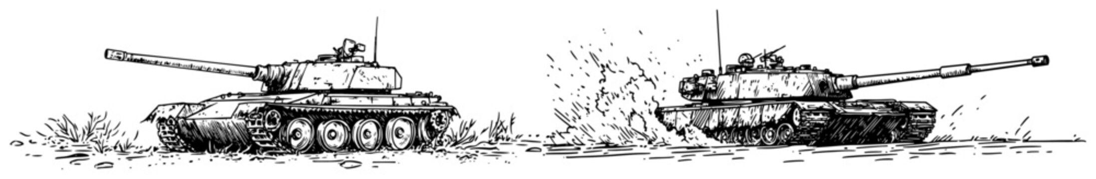 Military battle tanks moving through field in expressive ink sketch style