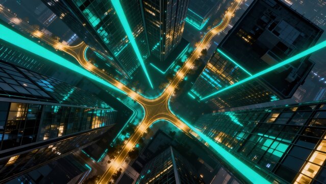 Futuristic city intersection at night