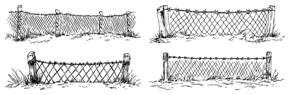 Wire fence collection with mesh and barbed wire in hand drawn sketch style