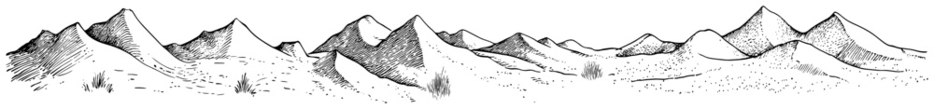 Desert sand dunes and hills landscape border in vintage engraving style