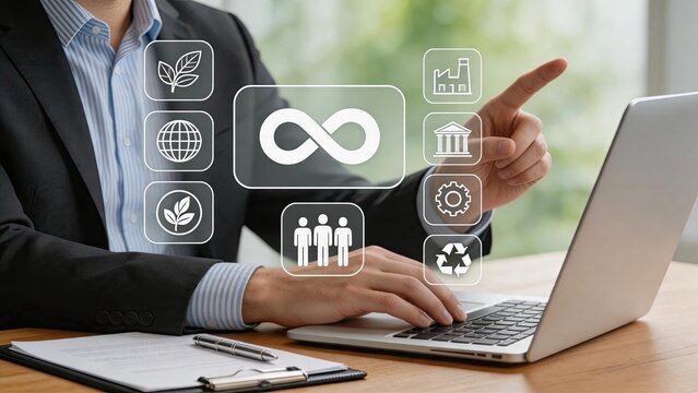 Corporate sustainability and ESG strategy concept, businessman working on laptop with icons representing environment, society, governance, recycling, and infinite loop symbol.