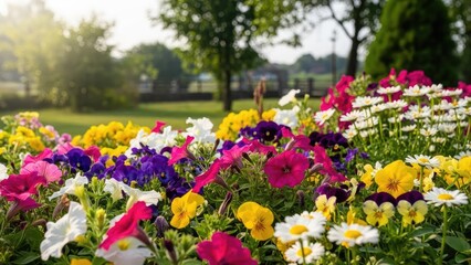Obraz premium Colorful spring flower bed with blooming tulips and daffodils in garden