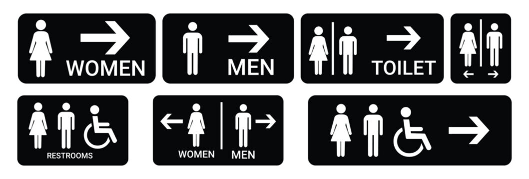 restroom signage icons set black and white bathroom symbols on dark background