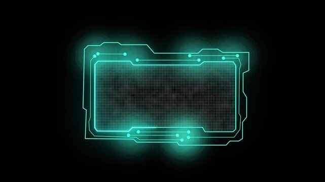 Teal neon digital frame with grid background. Teal neon digital frame for futuristic screen layout. Teal neon digital frame animation for tech.