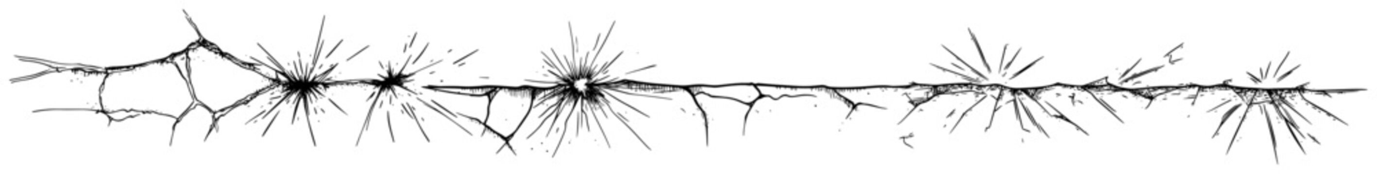 Cracked surface with impact points and shattered lines in hand drawn sketch style